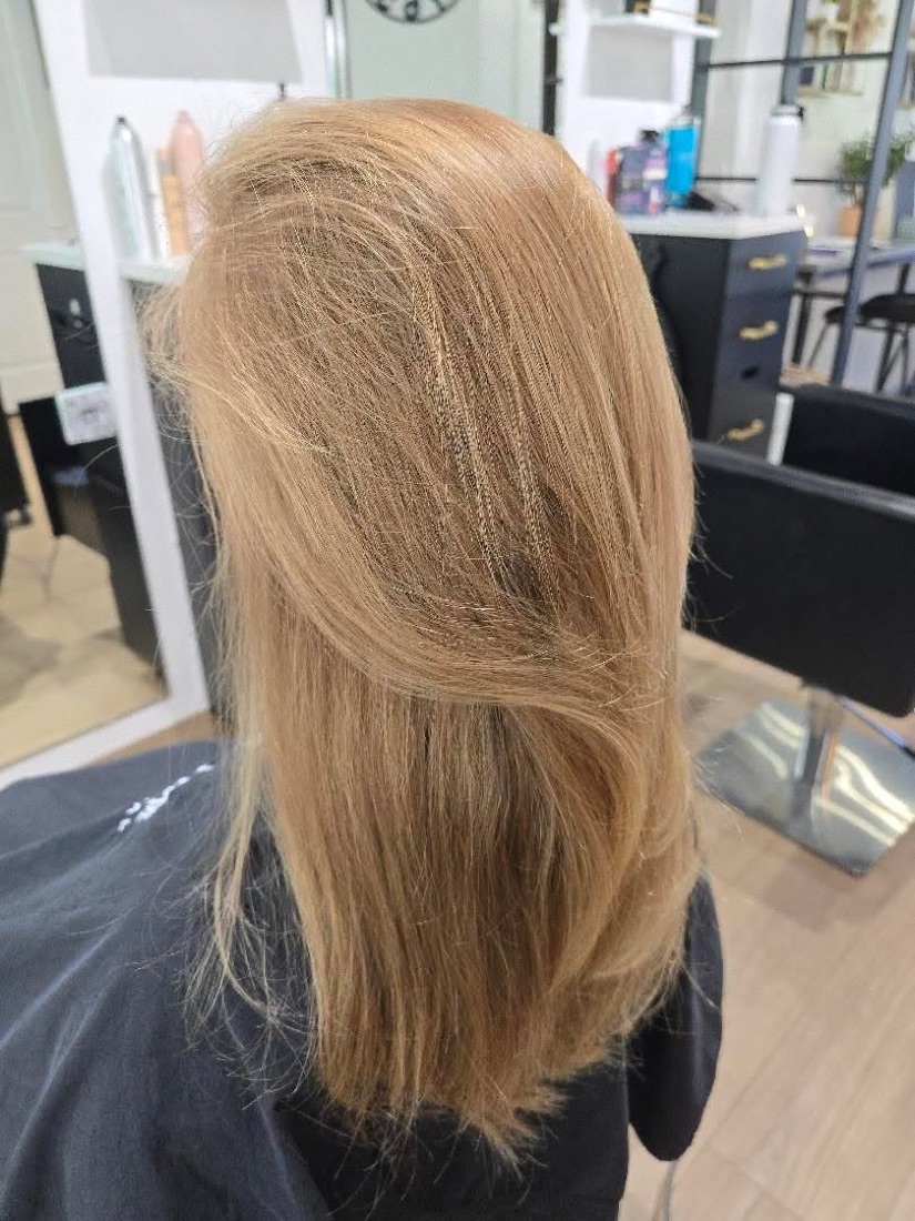 Brassy, uneven colour before correction